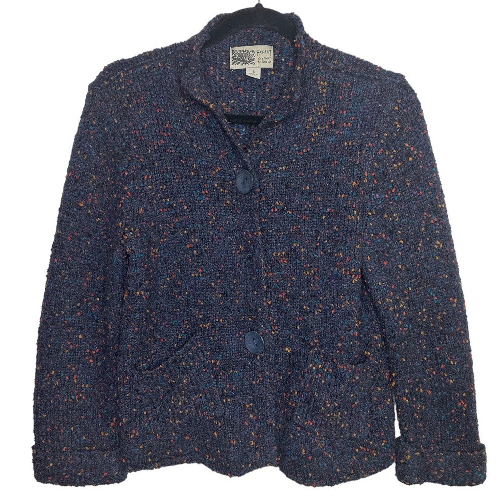 Habitat Blue Marled Colorful Chunky Knit Buttoned Sweater Jacket Size Small flaw